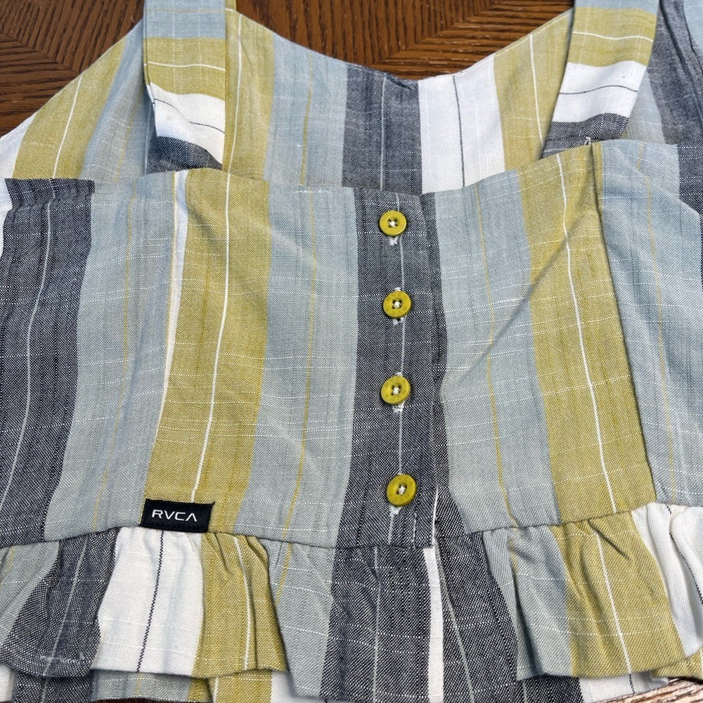 RVCA Striped Crop Top Womens Yellow Grey White Button Back Ruffle Hem Tank (958) - Picture 5 of 12